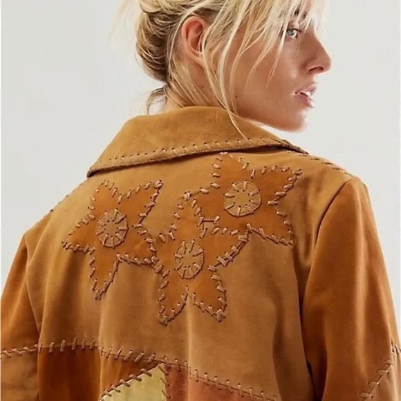 Free People Patchwork Leather Jacket in Tan and Cream